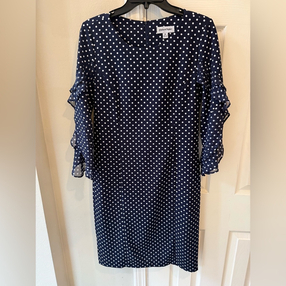 SHELBY & PALMER Dress Navy White Polka Dots dress Classy Sz 8